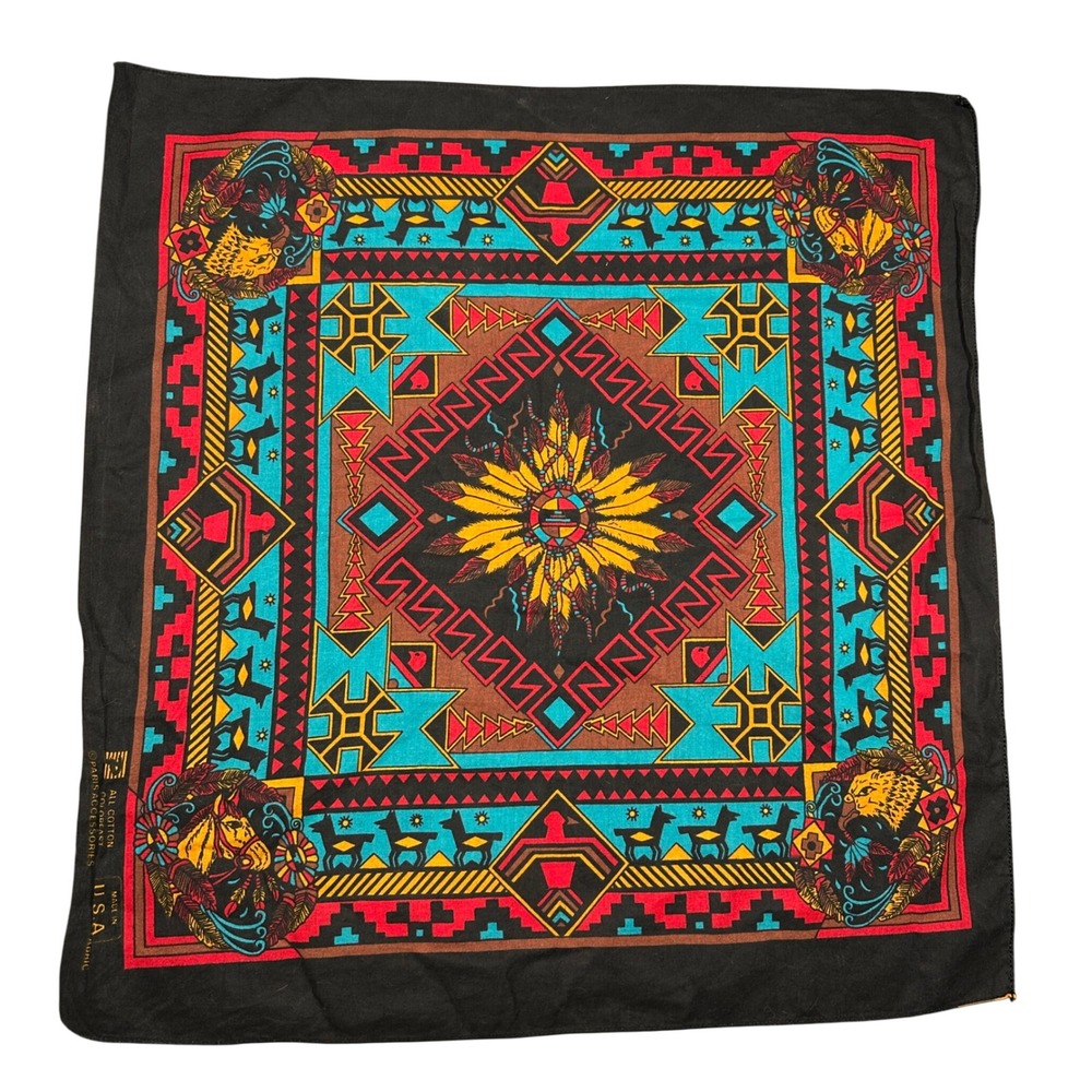 VTG Paris Accessories Aztec Southwestern Horse Bandana Black Cotton Made in USA